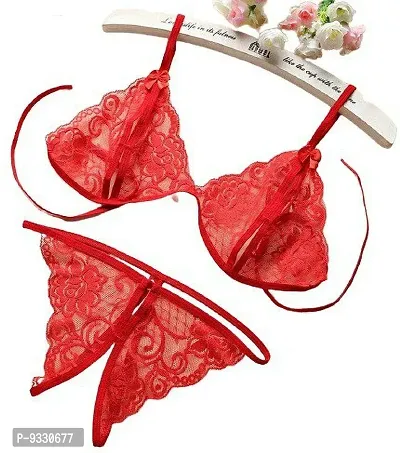 Iyara Collection Net Babydoll Short Nighty with Lace Bikini (Bra-Panty) Set for Women Red-thumb3