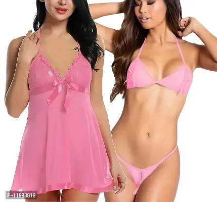Stylish Pink Net Bridal Baby Dolls with Bikini Set For Women-thumb0