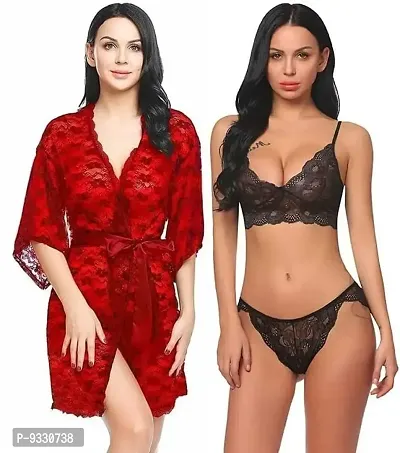 IYARA COLLECTION Babydoll Lace Robe and Lace Lingerie Bikini (Bra-Panty) Set for Women  Girls - Honeymoon and Wedding Night Red-Black-thumb0