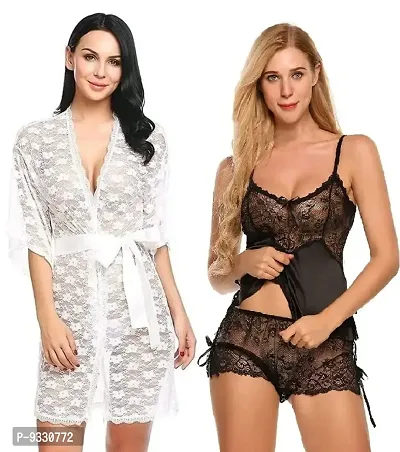 IYARA COLLECTION Sexy Nightdress for Women and Girls | Satin/Lace Top-Botton with Robe| Honeymoon and Wedding Nightdress| Bridal Nightwear| White-Black-thumb0