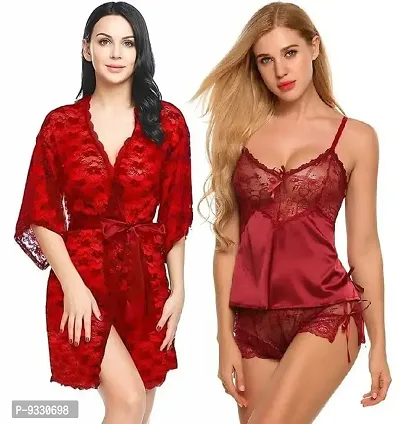 IYARA COLLECTION Sexy Nightdress for Women and Girls | Satin/Lace Top-Botton with Robe| Honeymoon and Wedding Nightdress| Bridal Nightwear| Red-Maroon