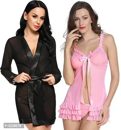 IYARA COLLECTION Sexy Nightdress for Women and Girls | Babydoll Nighty with G-String Panty and Net Robe| Honeymoon and Wedding Nightdress| Bridal Nightwear| Black-Pink