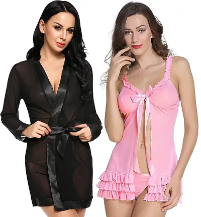 IYARA COLLECTION Sexy Nightdress for Women and Girls | Babydoll Nighty with G-String Panty and Net Robe| Honeymoon and Wedding Nightdress| Bridal Nightwear|