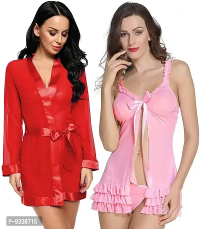IYARA COLLECTION Sexy Nightdress for Women and Girls | Babydoll Nighty with G-String Panty and Net Robe| Honeymoon and Wedding Nightdress| Bridal Nightwear| Red-Pink