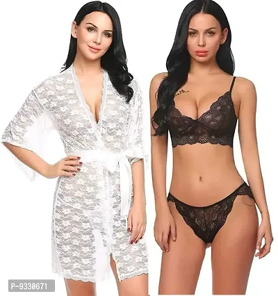 IYARA COLLECTION Babydoll Lace Robe and Lace Lingerie Bikini (Bra-Panty) Set for Women  Girls - Honeymoon and Wedding Night White-Black