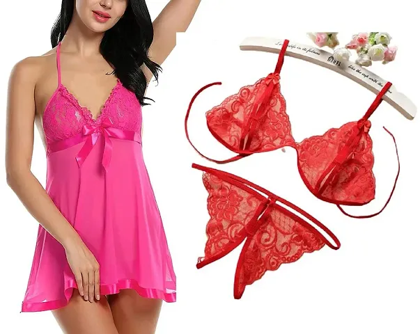 Iyara Collection Combo Offer! Women Net Babydoll Nightwear Lace Bra Panty Lingerie Set