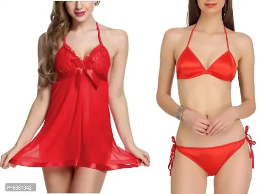 Buy Women Sexy Short Net Nighty and Satin Bikini Set (Bra-Panty