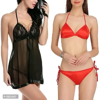 Buy Women Sexy Short Net Nighty and Satin Bikini Set (Bra-Panty Set) Online  In India At Discounted Prices