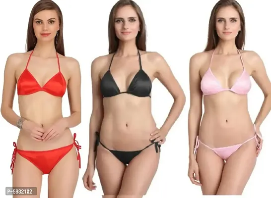 Women Sexy Satin Bikini Set (Bra-Panty Set) Combo of 3