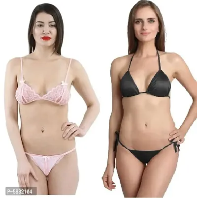 Women Sexy Satin Bikini Set (Bra-Panty Set) Combo of 2