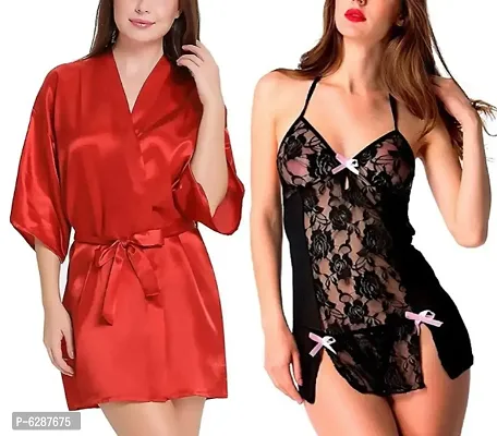 Combo Set of 1 Satin Robe and 1 Babydoll Net Nighty with G-String Panty-thumb0
