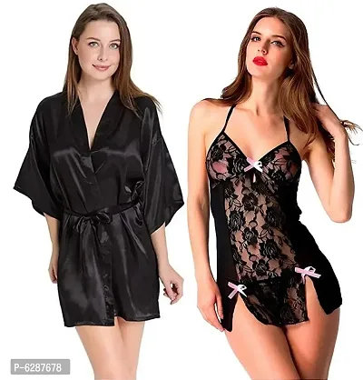 Combo Set of 1 Satin Robe and 1 Babydoll Net Nighty with G-String Panty