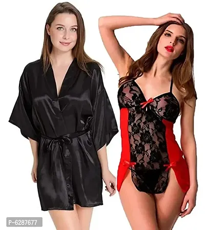 Combo Set of 1 Satin Robe and 1 Babydoll Net Nighty with G-String Panty
