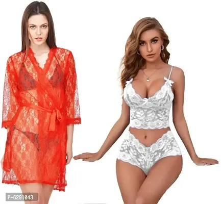 Combo Set of 1 Lace Robe and 1 Lace Babydoll Bra-Panty set for Honeymoon and Wedding Night-thumb0