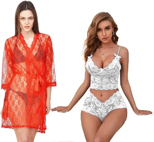 Combo Set of 1 Lace Robe and 1 Lace Babydoll Bra-Panty set for Honeymoon and Wedding Night