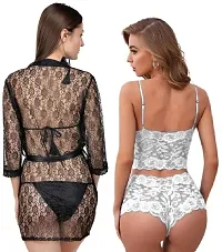 Combo Set of 1 Lace Robe and 1 Lace Babydoll Bra-Panty set for Honeymoon and Wedding Night-thumb1