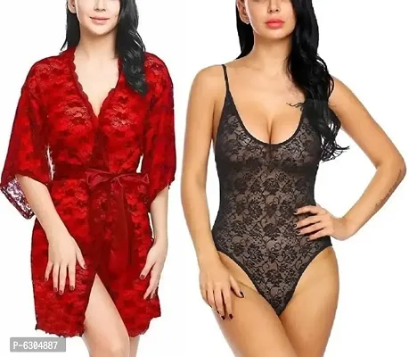 Combo Set of 1 Lace Robe and 1 Lycra Babydoll Nighty