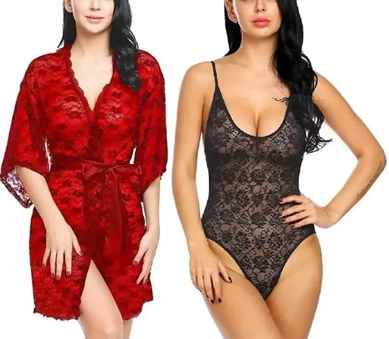 Combo Set of 1 Lace Robe and 1 Babydoll Nighty