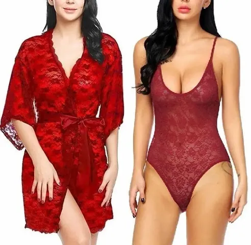 Combo Set of 1 Lace Robe and 1 Babydoll Nighty