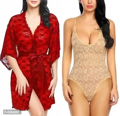 Combo Set of 1 Lace Robe and 1 Lycra Babydoll Nighty