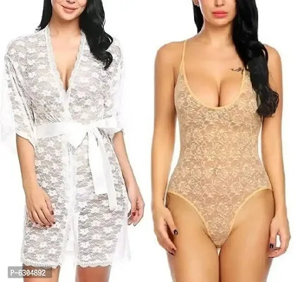 Combo Set of 1 Lace Robe and 1 Lycra Babydoll Nighty