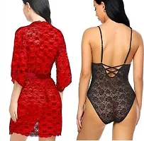 Combo Set of 1 Lace Robe and 1 Lycra Babydoll Nighty-thumb1