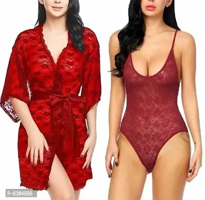 Combo Set of 1 Lace Robe and 1 Lycra Babydoll Nighty-thumb2