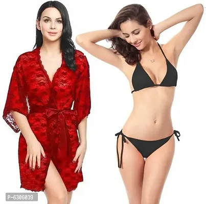 Buy Combo Nighty Set 1 Lace Robe and 1 Satin Bikini Bra Panty