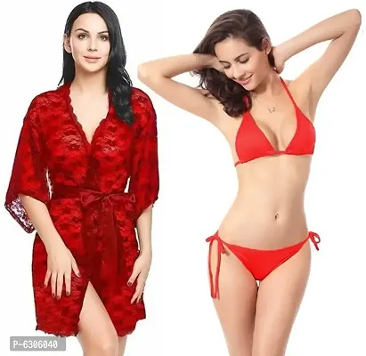 Combo Nighty Set - 1 Lace Robe and 1 Satin Bikini (Bra-Panty) Set