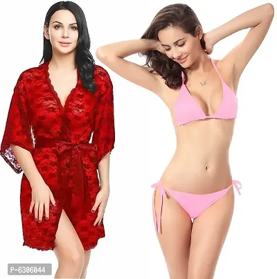 Combo Nighty Set - 1 Lace Robe and 1 Satin Bikini (Bra-Panty) Set