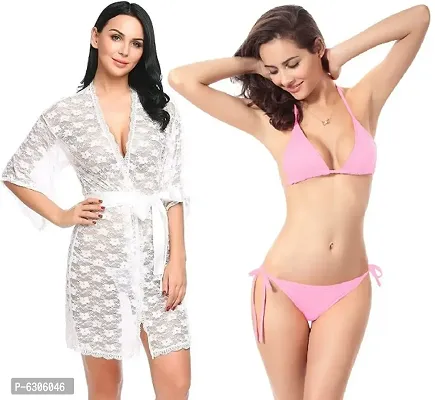 Combo Nighty Set - 1 Lace Robe and 1 Satin Bikini (Bra-Panty) Set