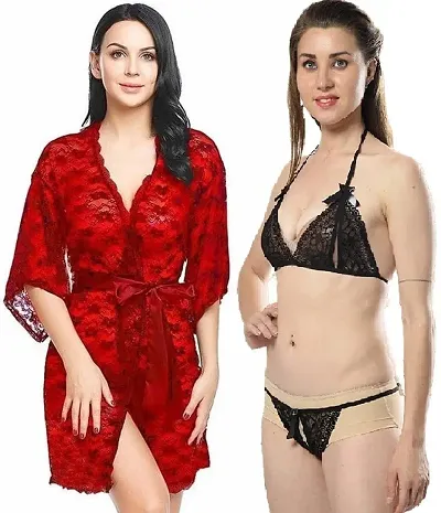 Women Sexy Lace Robe and Lace Lingerie (Bra-Panty) set