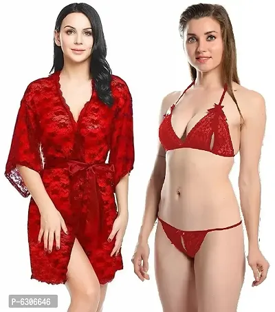 Combo Set of 1 Sexy Lace Robe and 1 Lingerie (Bra-Panty) Set