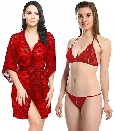 Combo Set of 1 Sexy Lace Robe and 1 Lingerie (Bra-Panty) Set