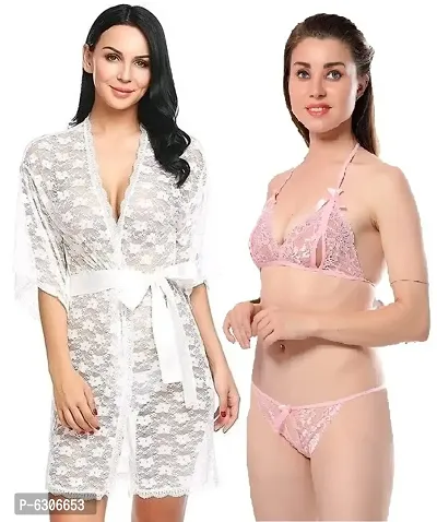 Combo Set of 1 Sexy Lace Robe and 1 Lingerie (Bra-Panty) Set