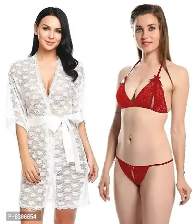 Combo Set of 1 Sexy Lace Robe and 1 Lingerie (Bra-Panty) Set