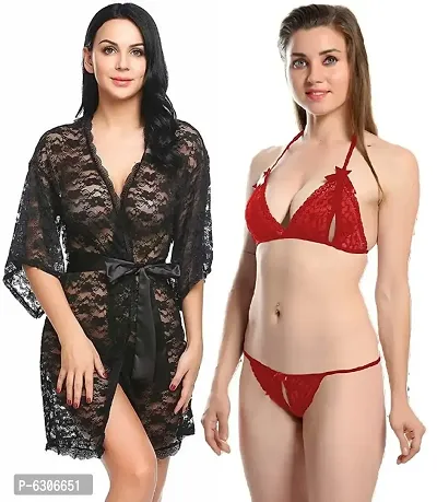 Combo Set of 1 Sexy Lace Robe and 1 Lingerie (Bra-Panty) Set-thumb5