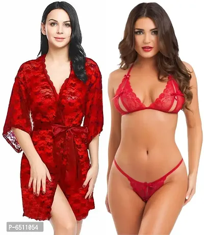 Women Babydoll Lace Robe and Lace Lingerie Bikini (Bra-Panty) Set for Honeymoon and Wedding Night-thumb0