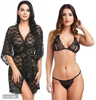 Women Babydoll Lace Robe and Lace Lingerie Bikini (Bra-Panty) Set for Honeymoon and Wedding Night