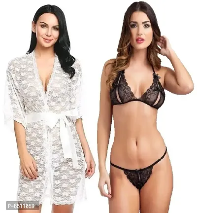 Women Babydoll Lace Robe and Lace Lingerie Bikini (Bra-Panty) Set for Honeymoon and Wedding Night