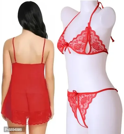 Combo Set of 1 Babydoll Nighty  and 1 Lace Bikini Set for Honeymoon and Wedding Night-thumb3