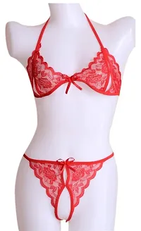 Combo Set of 1 Babydoll Nighty  and 1 Lace Bikini Set for Honeymoon and Wedding Night-thumb3