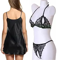 Sexy Short Satin Nighty and See Through Lace Bikini Set-thumb2