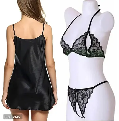 Sexy Short Satin Nighty and See Through Lace Bikini Set-thumb3