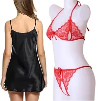 Sexy Short Satin Nighty and See Through Lace Bikini Set-thumb4