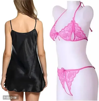 Sexy Short Satin Nighty and See Through Lace Bikini Set-thumb4