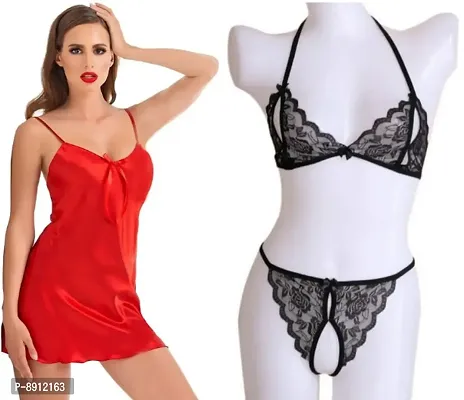 Sexy Short Satin Nighty and See Through Lace Bikini Set-thumb0