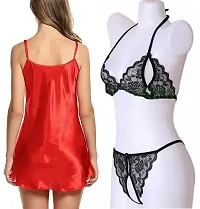 Sexy Short Satin Nighty and See Through Lace Bikini Set-thumb4