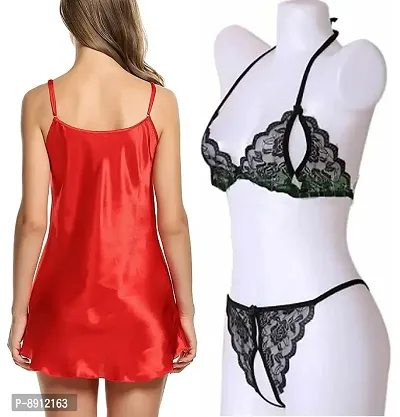 Sexy Short Satin Nighty and See Through Lace Bikini Set-thumb5