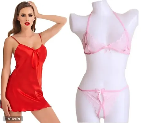 Sexy Short Satin Nighty and See Through Lace Bikini Set